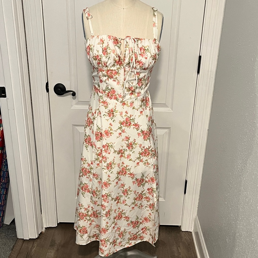Floral Tie-Front White Maxi Dress with Pink Print
